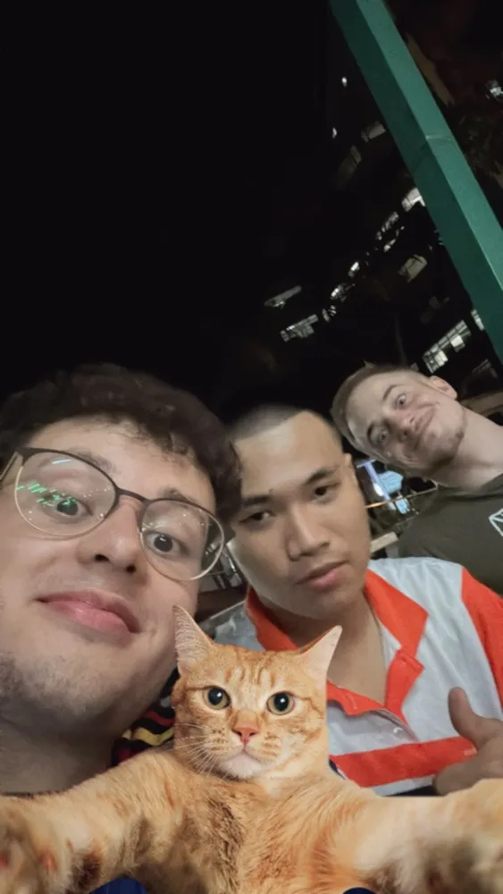 Friends taking a selfie with an orange cat